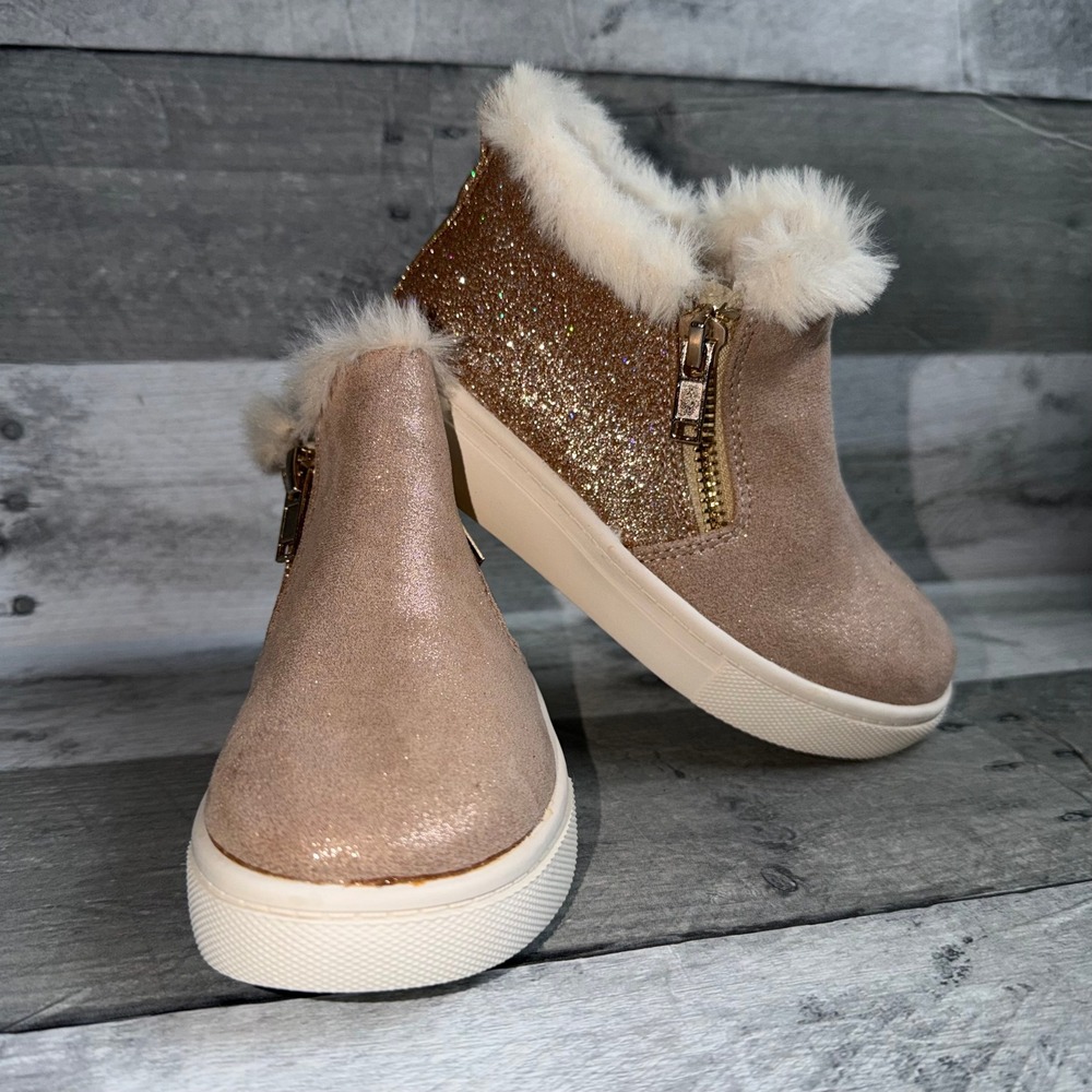 Maggie & Zoe Kids Girls Rose Gold Glitter Faux Fur Trim Ankle Boots Size 9